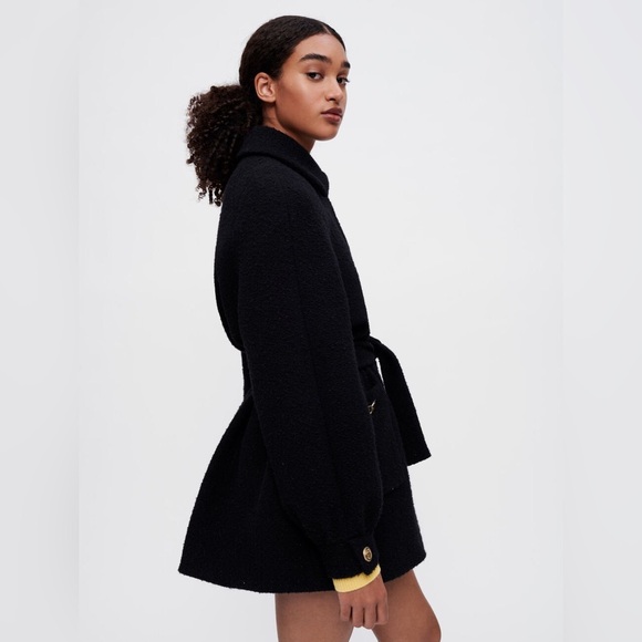 Maje Black Bouclé Belted Teddy Jacket with Gold Hardware - Picture 3 of 6